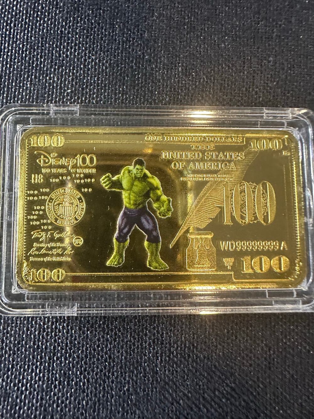 Disney 100 Years of Wonder Hulk Gold Plated Collectible $100 Banknote Bar